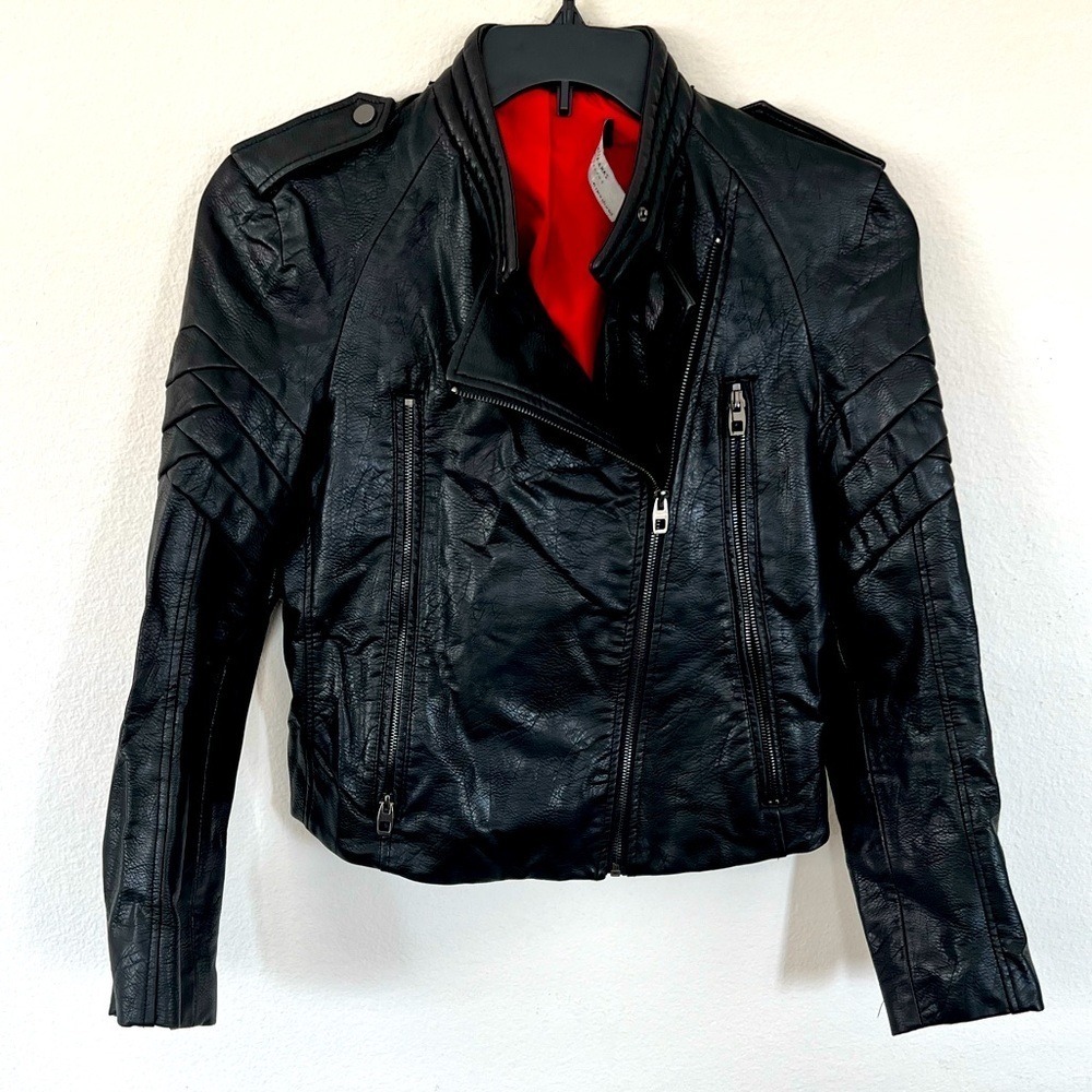 Zara Black Faux Leather Biker Jacket w/ Red Lining
